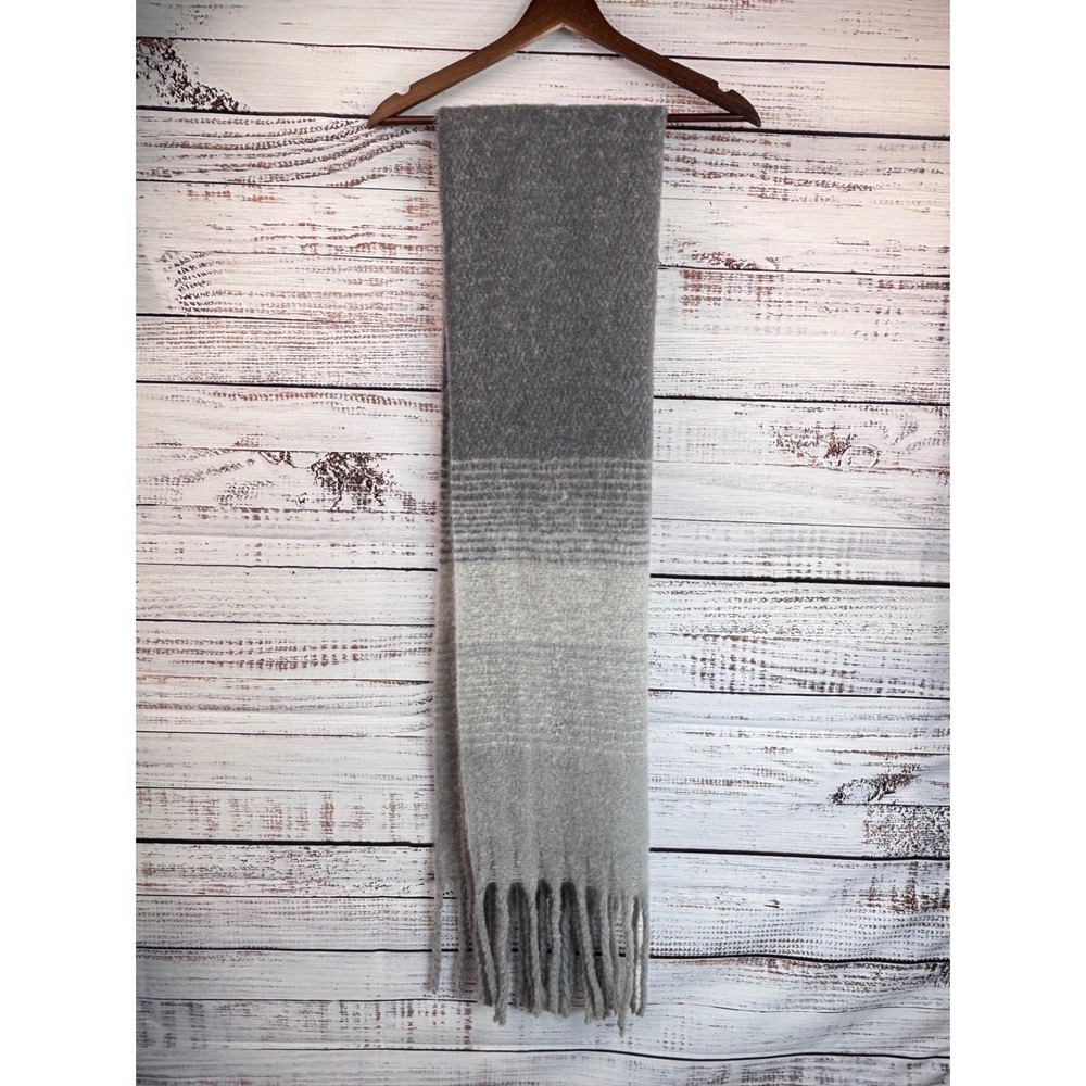 Gray Ombre Scarf Long Lightweight Fringed SOFT Minimalist‎ Neutral Cozy Striped